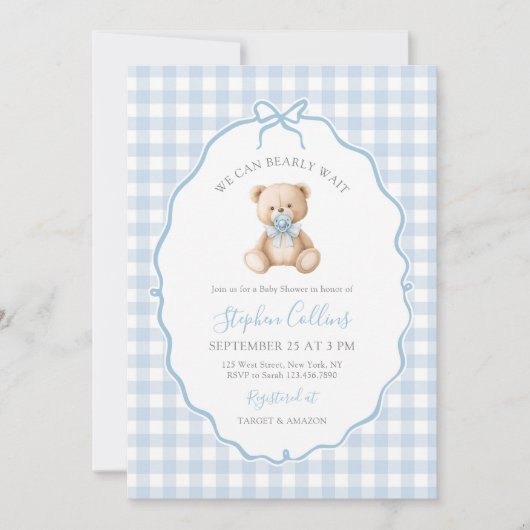 Invitation On Peut Attendre Élégant Baby shower Ours Teddy (Devant)