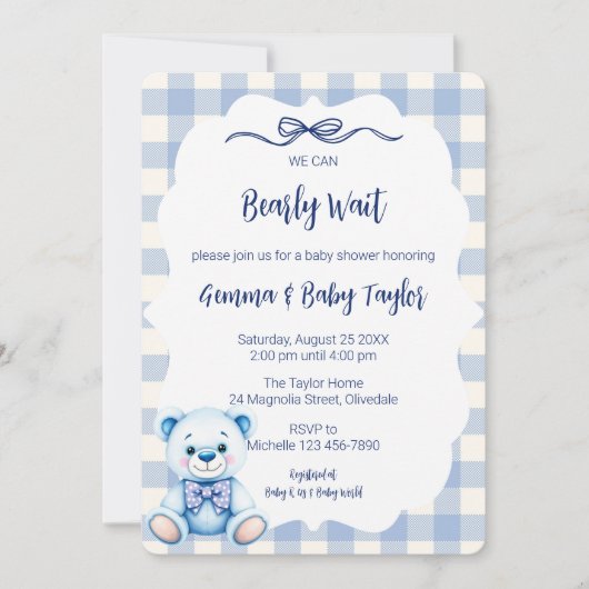 Invitation On peut attendre En vichy Baby shower bleu (Devant)
