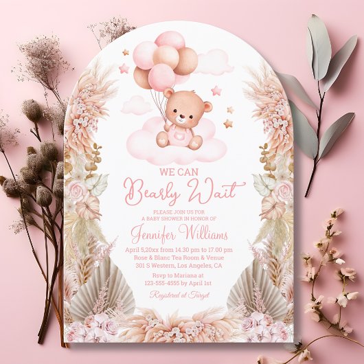 Invitation on peut attendre, fille baby shower pampas herbe