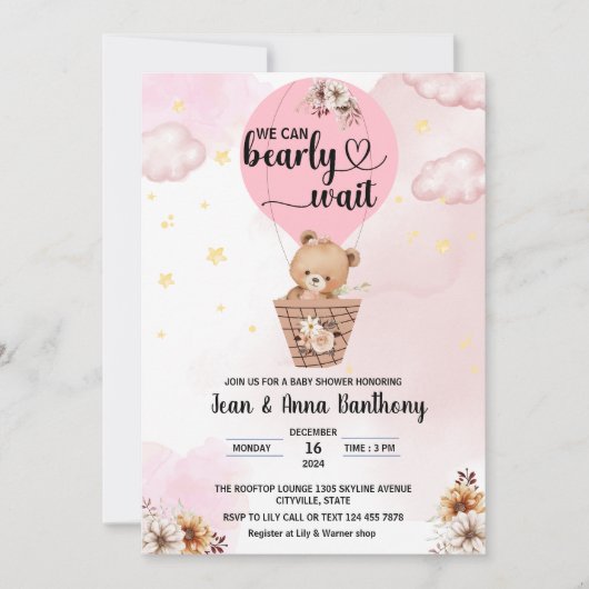 Invitation on peut attendre fille mignonne ours baby shower (Devant)