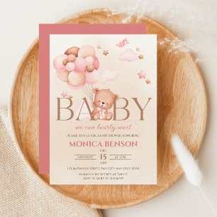 Invitation On peut attendre la fille rose Baby shower beige