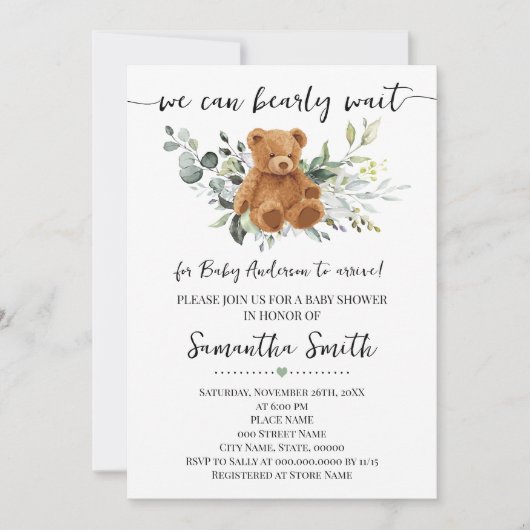 Invitation On peut attendre la verdure Baby shower Ours (Devant)