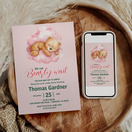Invitation On Peut Attendre Le Baby shower À L'Ours Mignonne 