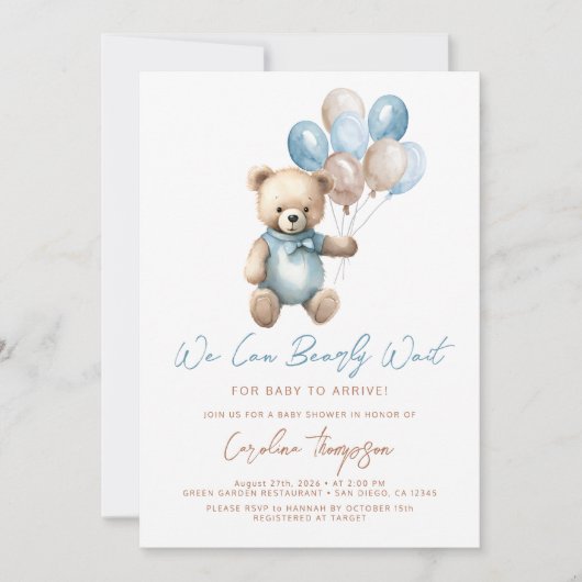 Invitation On peut attendre le Baby shower bleu (Devant)