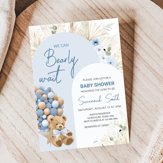 Invitation On peut attendre le Baby shower bleu