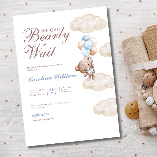 Invitation on peut attendre le baby shower bleu aquarelle
