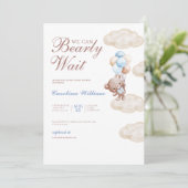 Invitation on peut attendre le baby shower bleu aquarelle (Debout devant)