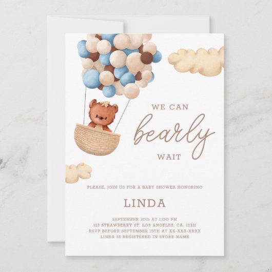 Invitation On peut attendre le Baby shower Bleu Ballons (Devant)