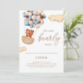 Invitation On peut attendre le Baby shower Bleu Ballons (Debout devant)