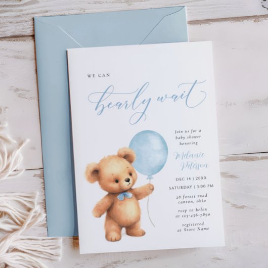 Invitation On peut attendre le Baby shower Bleu Balloon Boy