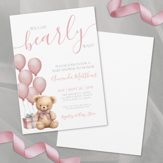 Invitation On peut attendre le Baby shower de fille d'ours ro