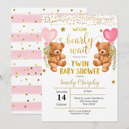 Invitation On peut attendre le Baby shower de fille jumelle (Devant / Derrière)