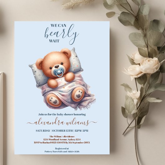 Invitation On peut attendre le Baby shower de garçon
