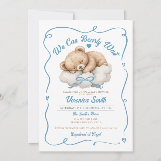 Invitation On peut attendre le Baby shower de Garçon Bleu Bow (Devant)