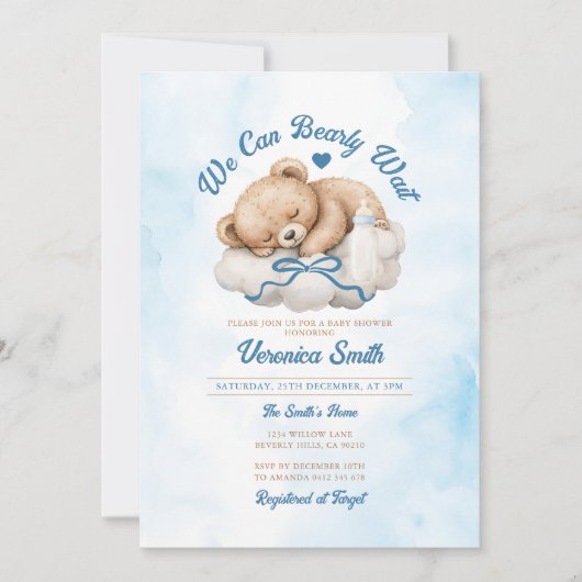 Invitation On peut attendre le Baby shower de Garçon Bleu Bow (Devant)