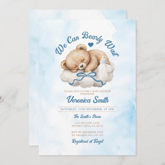 Invitation On peut attendre le Baby shower de Garçon Bleu Bow (Devant / Derrière)