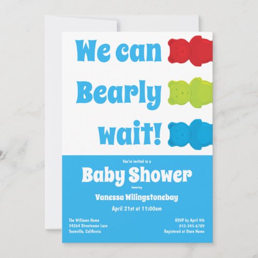 Invitation On peut attendre le Baby shower de l'Ours Bleu (Devant)