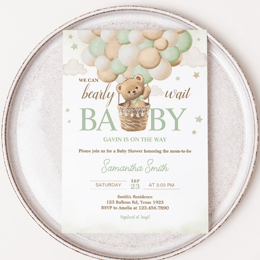 Invitation On peut attendre le Baby shower de l'ours vert