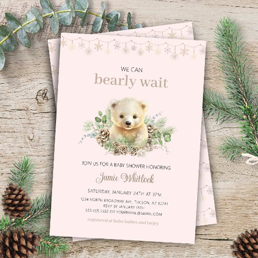 Invitation On peut attendre le Baby shower d'hiver rose fille
