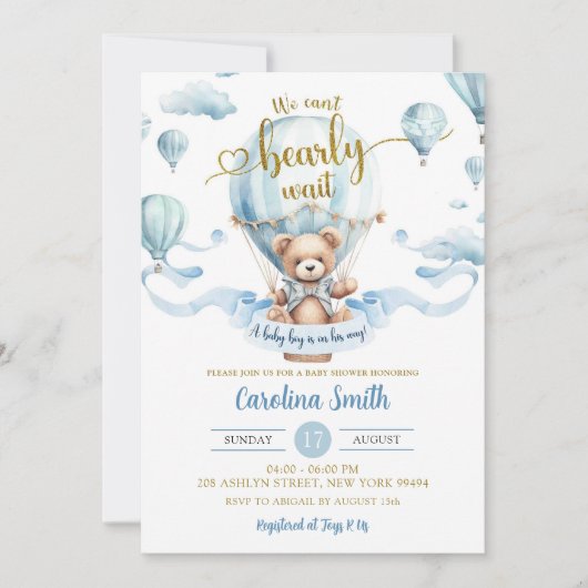 Invitation On Peut Attendre Le Baby shower D'Ours À Ballons D (Devant)