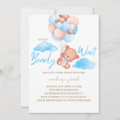 Invitation On peut attendre le Baby shower d'ours bleu (Devant)