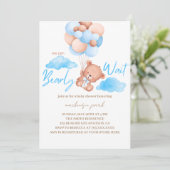 Invitation On peut attendre le Baby shower d'ours bleu (Debout devant)