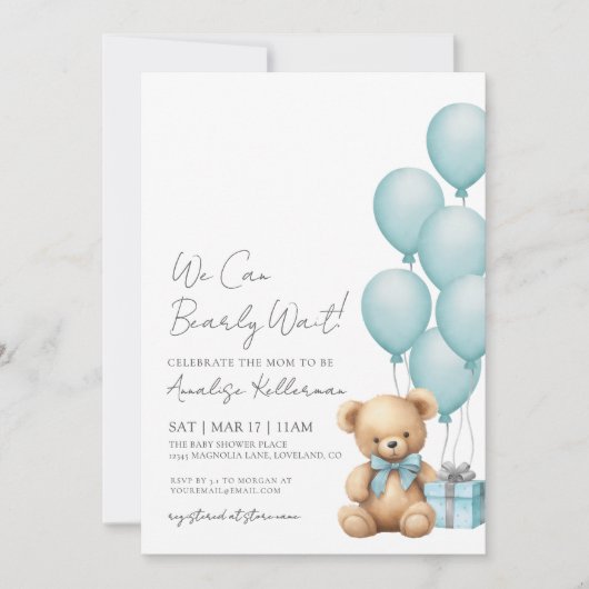 Invitation On peut attendre le Baby shower d'ours bleu (Devant)