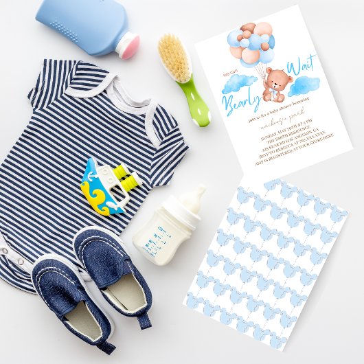 Invitation On peut attendre le Baby shower d'ours bleu