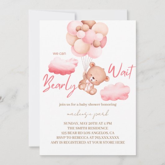 Invitation On peut attendre le Baby shower d'ours rose (Devant)
