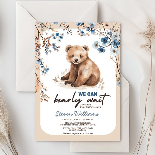 Invitation On peut attendre le Baby shower floral bleu