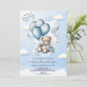 Invitation On peut attendre le Baby shower Garçon bleu (Debout devant)