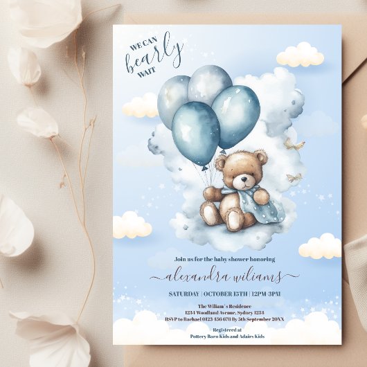 Invitation On peut attendre le Baby shower Garçon bleu