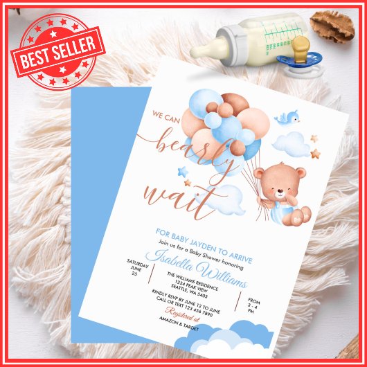 Invitation On peut attendre le Baby shower Garçon bleu