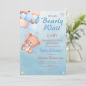 Invitation On Peut Attendre Le Baby shower Garçon Bleu (Debout devant)