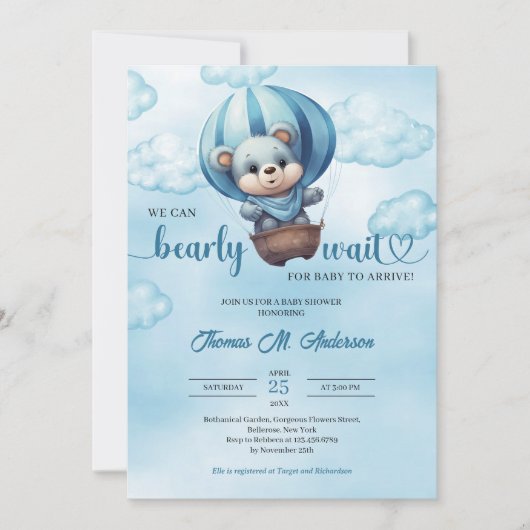 Invitation On peut attendre le Baby shower garçon ours en pel (Devant)
