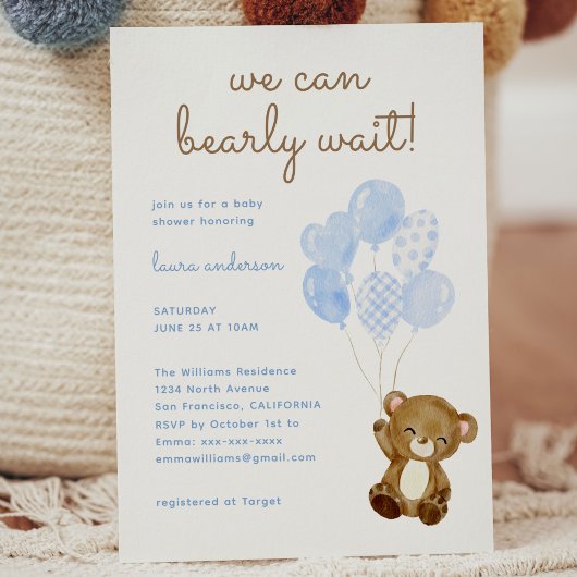 Invitation On peut attendre le baby shower garçon ours en pel