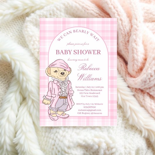Invitation On peut attendre le baby shower plaid classique ro