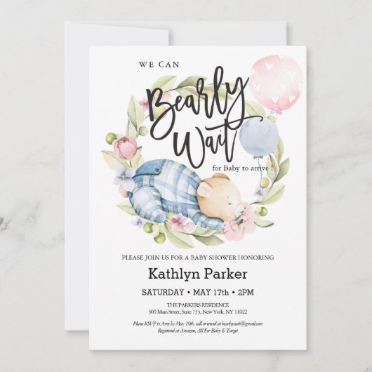 Invitation On Peut Attendre Le Baby shower Teddy Bear Garçon (Devant)