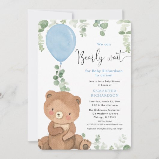 Invitation On peut attendre le ballon baby shower garçon (Devant)