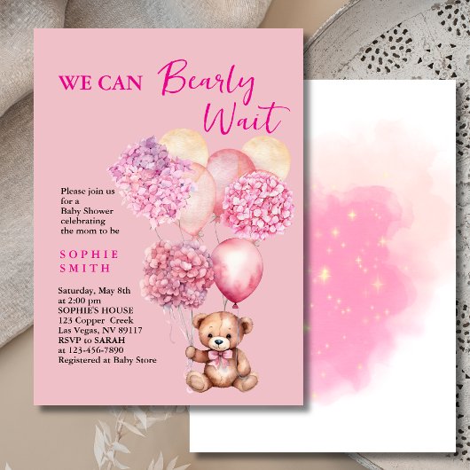 Invitation On peut attendre le ballon rose hydrangea