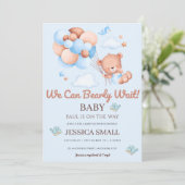 Invitation On peut attendre l'invitation Baby shower bleu (Debout devant)