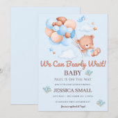 Invitation On peut attendre l'invitation Baby shower bleu (Devant / Derrière)