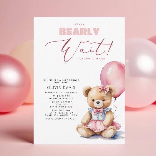 Invitation On Peut Attendre L'Ours Baby shower Fille Balloon