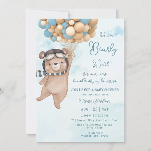 Invitation On Peut Attendre L'Ours Ballons Baby shower Garçon (Devant)