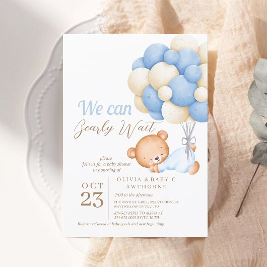Invitation On peut attendre l'ours Balloon Baby Boy Douche