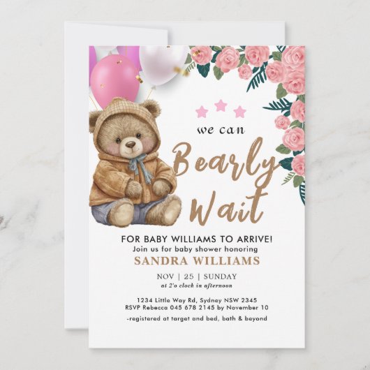 Invitation On peut attendre mignon baby shower ours en peluch (Devant)