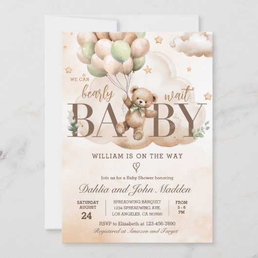 Invitation On Peut Attendre Neutre Baby shower Ours En Teddy (Devant)