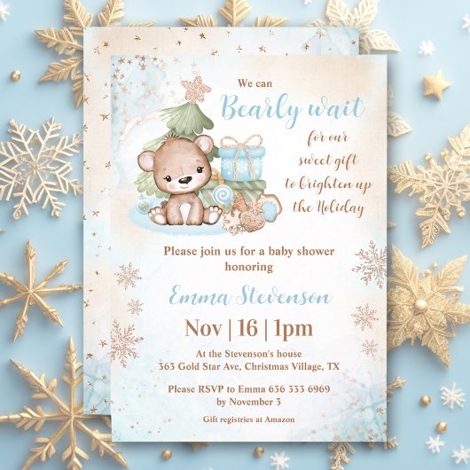 Invitation On peut attendre Noël Ours Bleu Baby shower
