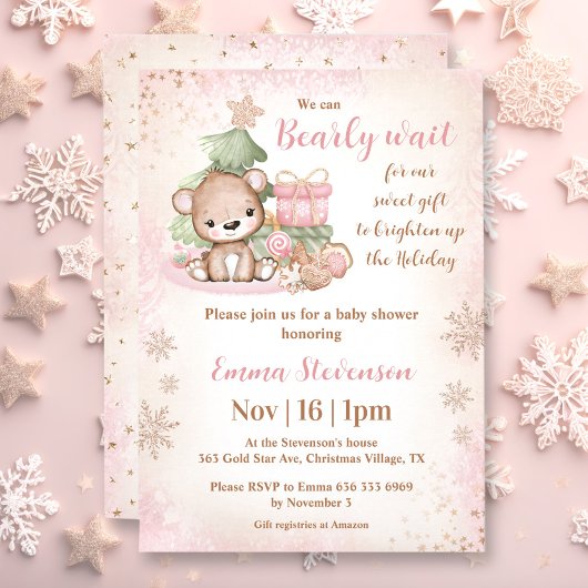 Invitation On peut attendre Noël Ours rose Baby shower