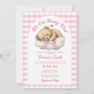 Invitation On peut attendre Pink Bow Bear Girl Baby shower